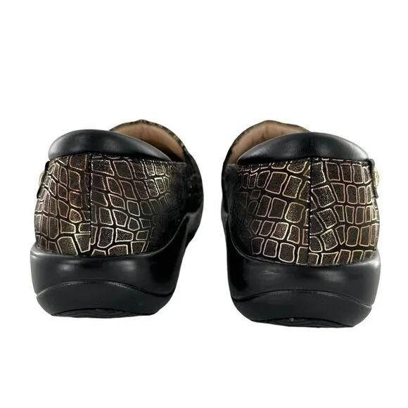 ALEGRIA Keli Fancy Giraffe Gold and Black Clogs Professional Shoes Size 40