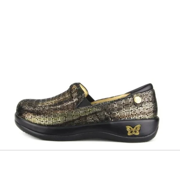 ALEGRIA Keli Fancy Giraffe Gold and Black Clogs Professional Shoes Size 40