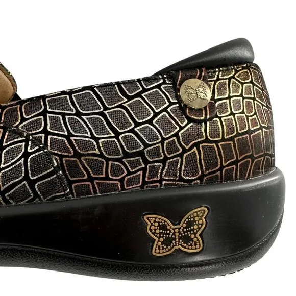 ALEGRIA Keli Fancy Giraffe Gold and Black Clogs Professional Shoes Size 40