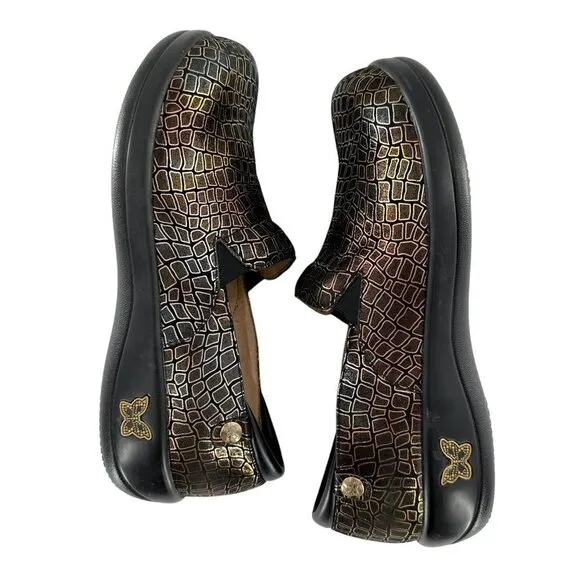 ALEGRIA Keli Fancy Giraffe Gold and Black Clogs Professional Shoes Size 40