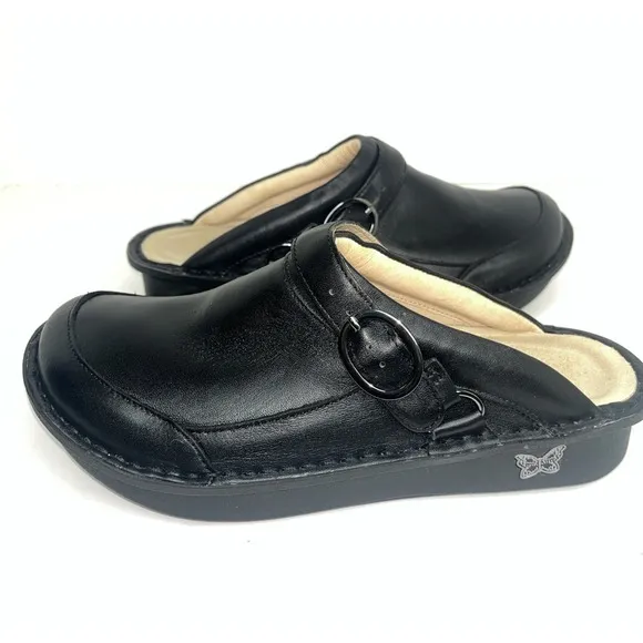 Alegria Seville 601 Black Oiled Leather Slip-On Clogs Size 40/9.5-10 Buckle