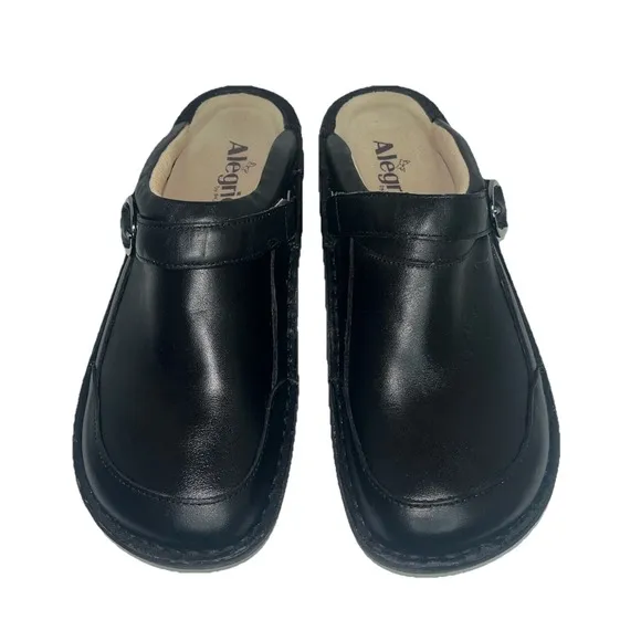 Alegria Seville 601 Black Oiled Leather Slip-On Clogs Size 40/9.5-10 Buckle