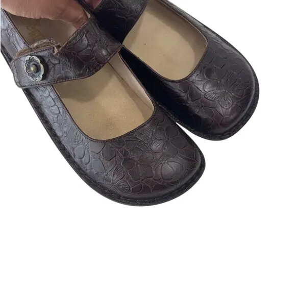 Alegria Womens Brown Leather Embossed Floral Mary Jane Shoes SZ 42 Professsional