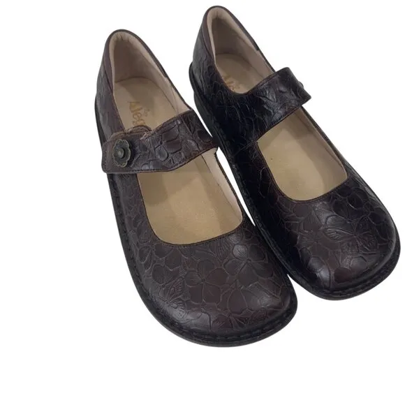 Alegria Womens Brown Leather Embossed Floral Mary Jane Shoes SZ 42 Professsional