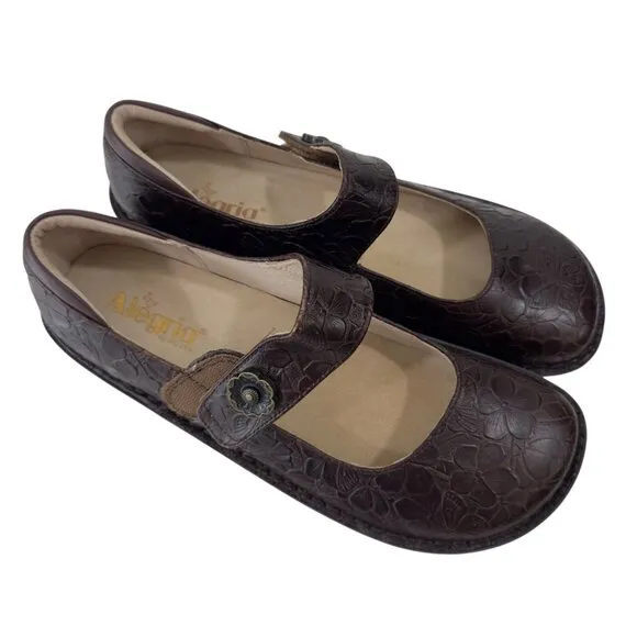 Alegria Womens Brown Leather Embossed Floral Mary Jane Shoes SZ 42 Professsional