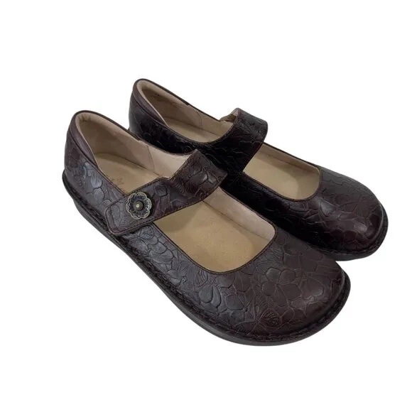 Alegria Womens Brown Leather Embossed Floral Mary Jane Shoes SZ 42 Professsional