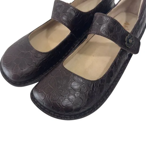 Alegria Womens Brown Leather Embossed Floral Mary Jane Shoes SZ 42 Professsional