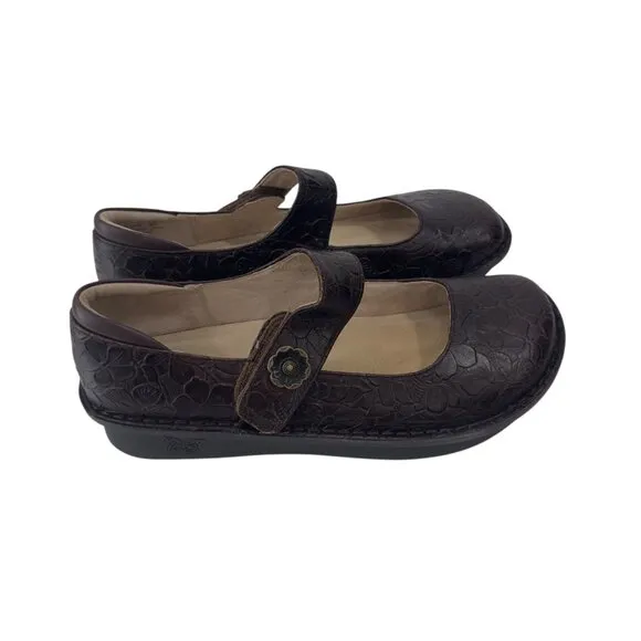 Alegria Womens Brown Leather Embossed Floral Mary Jane Shoes SZ 42 Professsional