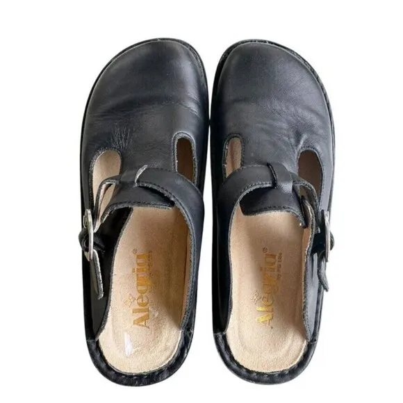 Alegria Women's Sz 37 (US 6.5) Black Leather Mule Clogs ALG-601 Buckle Comfort