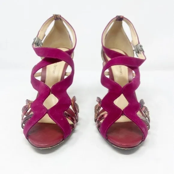 Alexandre Birman Burgundy Faux Suede Snakeskin Reptile Strappy Heels (37) 7