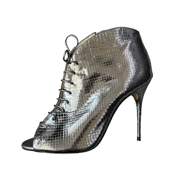 Alexandre Birman Snakeskin Silver Lace Up Open Toe Ankle Heels/Booties Size 9.5