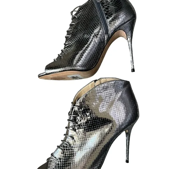 Alexandre Birman Snakeskin Silver Lace Up Open Toe Ankle Heels/Booties Size 9.5