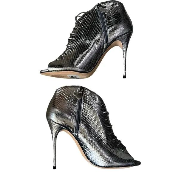 Alexandre Birman Snakeskin Silver Lace Up Open Toe Ankle Heels/Booties Size 9.5