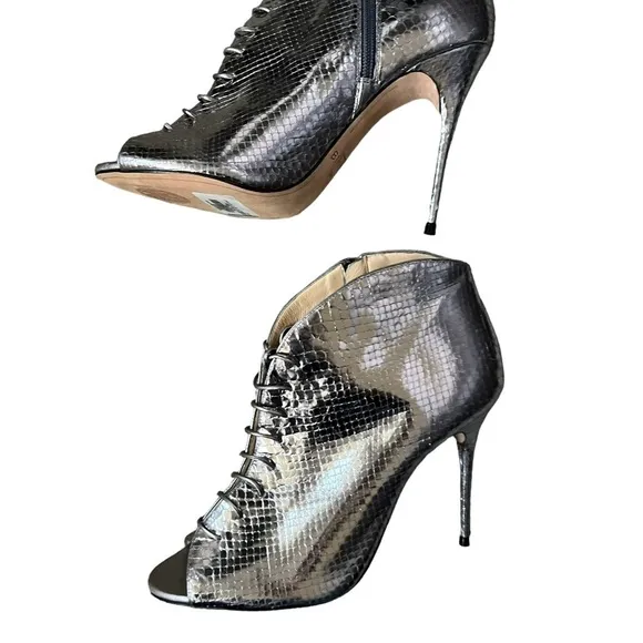 Alexandre Birman Snakeskin Silver Lace Up Open Toe Ankle Heels/Booties Size 9.5