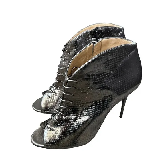 Alexandre Birman Snakeskin Silver Lace Up Open Toe Ankle Heels/Booties Size 9.5