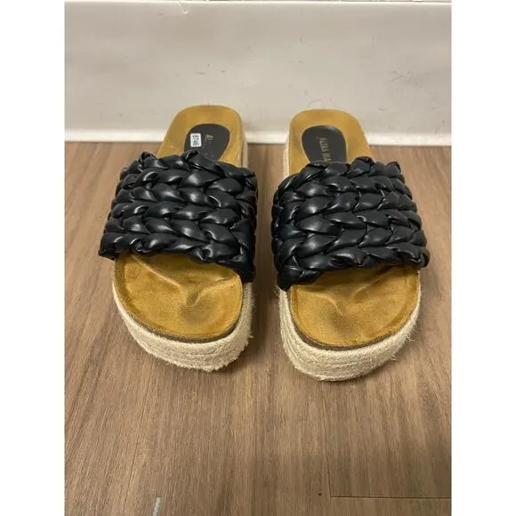 Alias Mae Black Braided Leather Stacked Slides Sz 8.5
