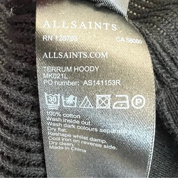 ALLSAINTS Black Mesh-knit See Through Long Sleeve Zip Up Hoodie Cardigan Sz L