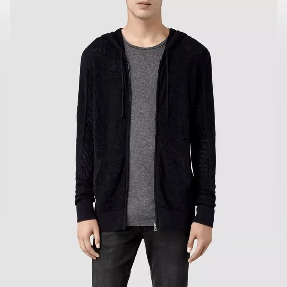 ALLSAINTS Black Mesh-knit See Through Long Sleeve Zip Up Hoodie Cardigan Sz L