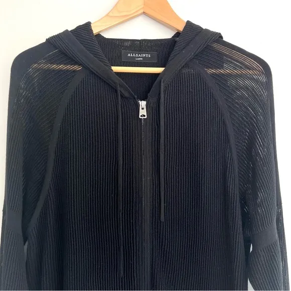ALLSAINTS Black Mesh-knit See Through Long Sleeve Zip Up Hoodie Cardigan Sz L