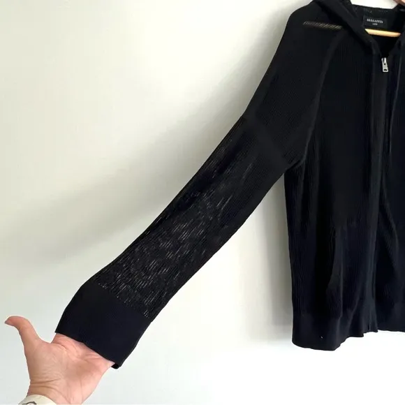 ALLSAINTS Black Mesh-knit See Through Long Sleeve Zip Up Hoodie Cardigan Sz L