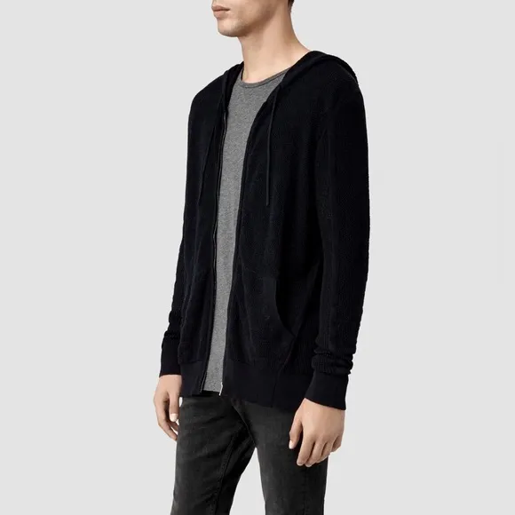 ALLSAINTS Black Mesh-knit See Through Long Sleeve Zip Up Hoodie Cardigan Sz L