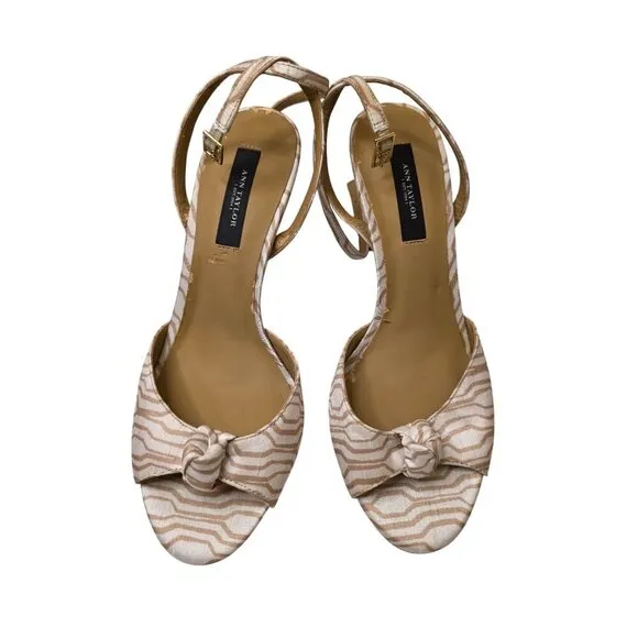 Ann Taylor Womens Open-Toe Heels With Knotted Bow Beige &amp; White Size 8