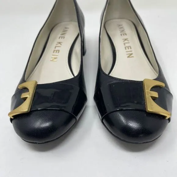 Anne Klein Women's Akhastobe Pumps Block Heels Slip On Black Leather Size 7M