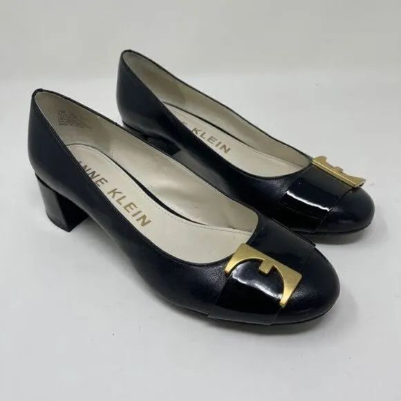 Anne Klein Women's Akhastobe Pumps Block Heels Slip On Black Leather Size 7M