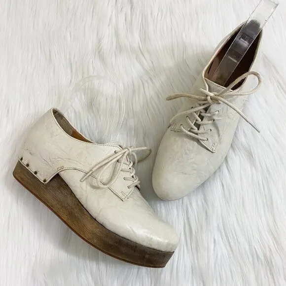 Anthro Kelsi Dagger Bone Leather Oxfords with Wooden Platform Sole Lace Up Sz 6