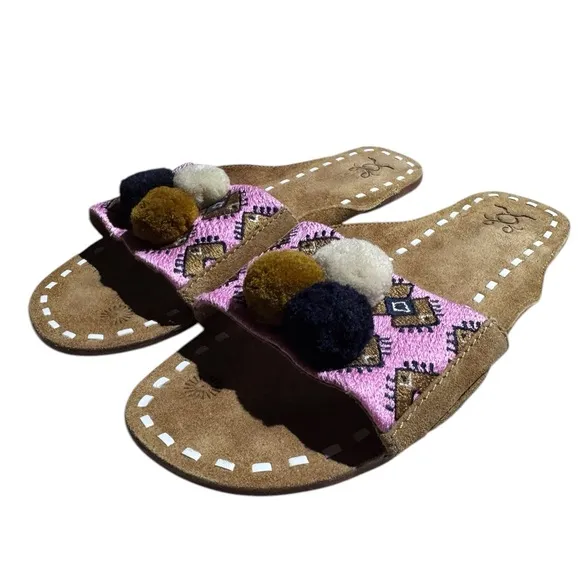 Anthropologie Figue Caravan Noona Pom Pom Leather Sandals Slip On Slides Boho 9