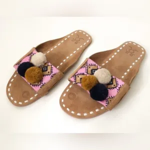 Anthropologie Figue Caravan Noona Pom Pom Leather Sandals Slip On Slides Boho 9