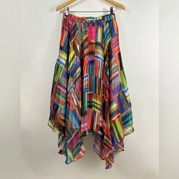 Anthropologie Ranna Gill Pleated Chiffon Printed Rainbow Midi Skirt