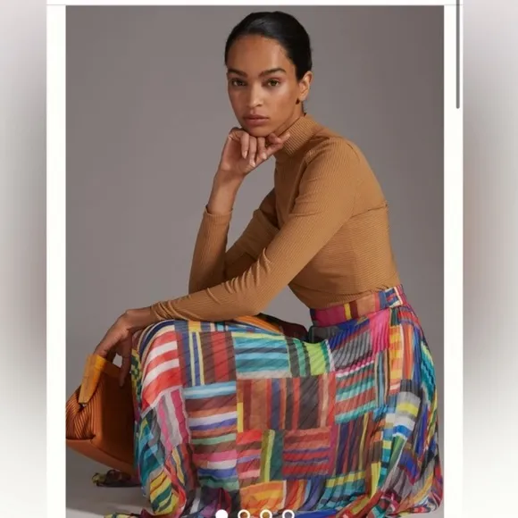 Anthropologie Ranna Gill Pleated Chiffon Printed Rainbow Midi Skirt