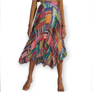 Anthropologie Ranna Gill Pleated Chiffon Printed Rainbow Midi Skirt