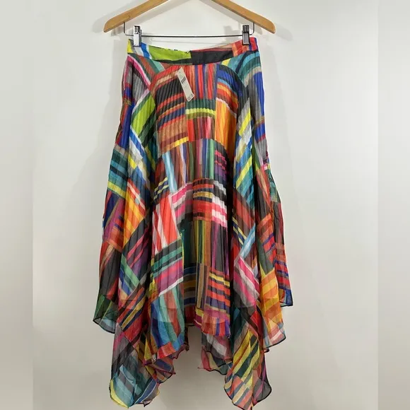 Anthropologie Ranna Gill Pleated Chiffon Printed Rainbow Midi Skirt