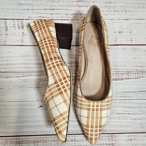 Anthropologie Seraphina plaid calf hair block heels