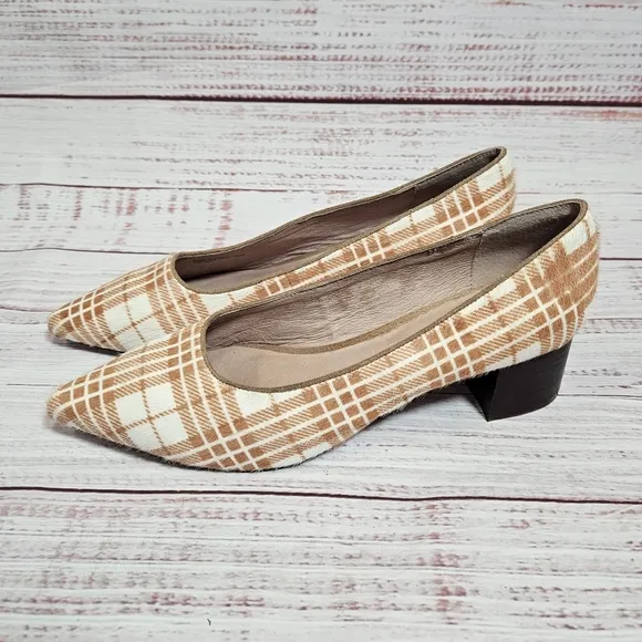 Anthropologie Seraphina plaid calf hair block heels