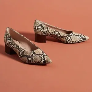 ANTHROPOLOGIE Seraphine Snakeskin Block Heels Retro Animal 60s Mod Sz 6.5