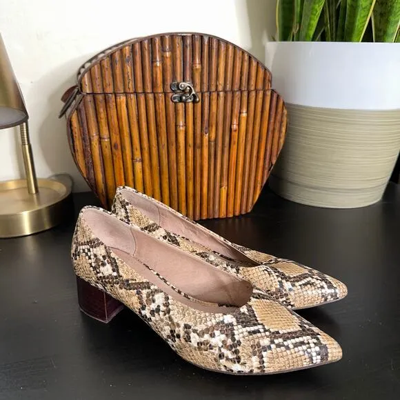ANTHROPOLOGIE Seraphine Snakeskin Block Heels Retro Animal 60s Mod Sz 6.5