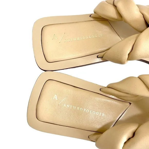 ANTHROPOLOGIE Twisted Puffed Slides Sandals Beige Leather in Honey