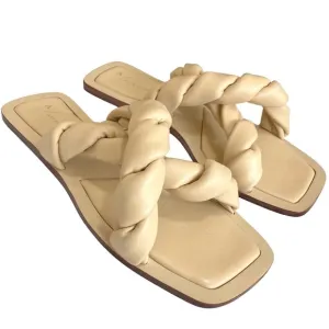ANTHROPOLOGIE Twisted Puffed Slides Sandals Beige Leather in Honey