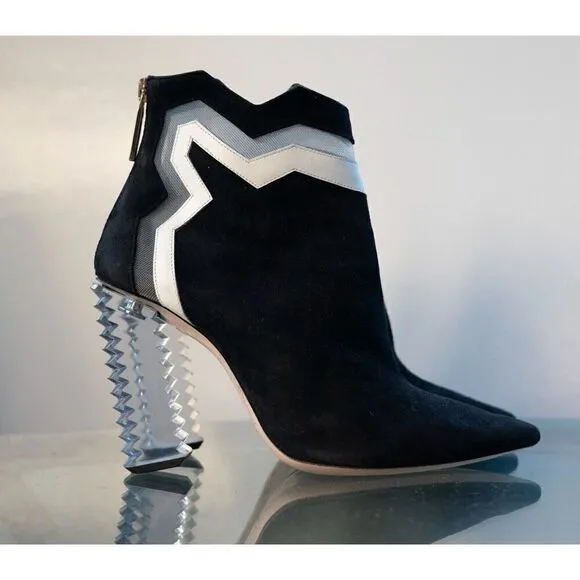 Aperlai Leather Womens Pointed Toe Ankle Bootie Block Heels Black Size EUR 36.5