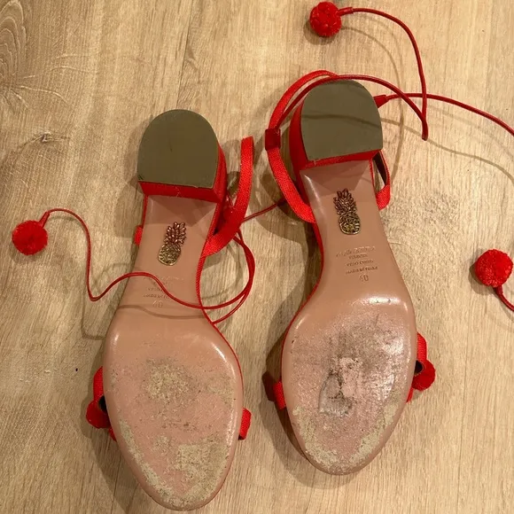 Aquazurra Pom Pom Block Heels with wrap closure