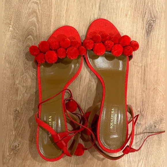 Aquazurra Pom Pom Block Heels with wrap closure