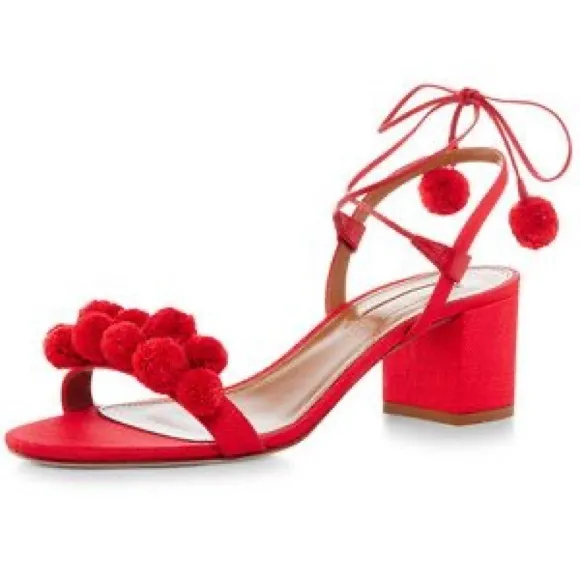 Aquazurra Pom Pom Block Heels with wrap closure