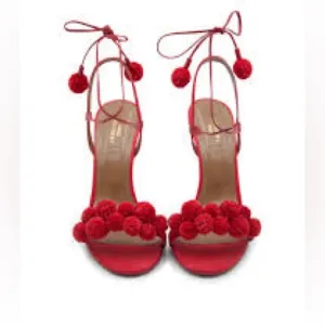 Aquazurra Pom Pom Block Heels with wrap closure
