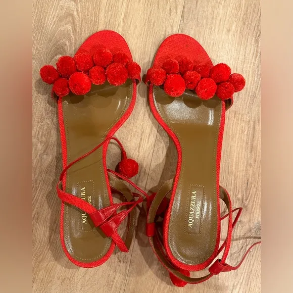 Aquazurra Pom Pom Block Heels with wrap closure