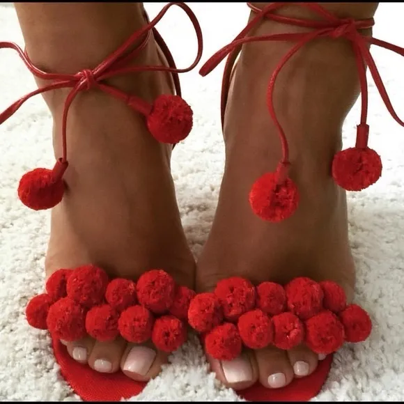 Aquazurra Pom Pom Block Heels with wrap closure
