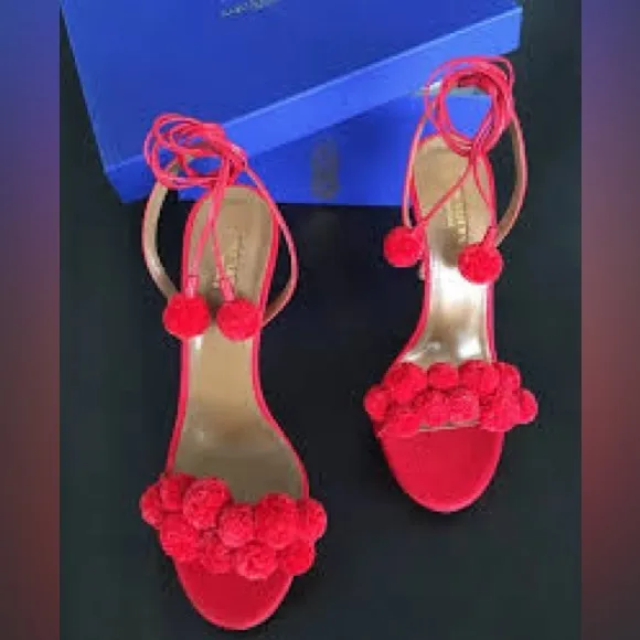 Aquazurra Pom Pom Block Heels with wrap closure