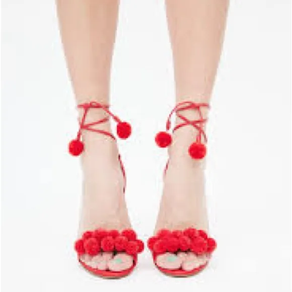 Aquazurra Pom Pom Block Heels with wrap closure